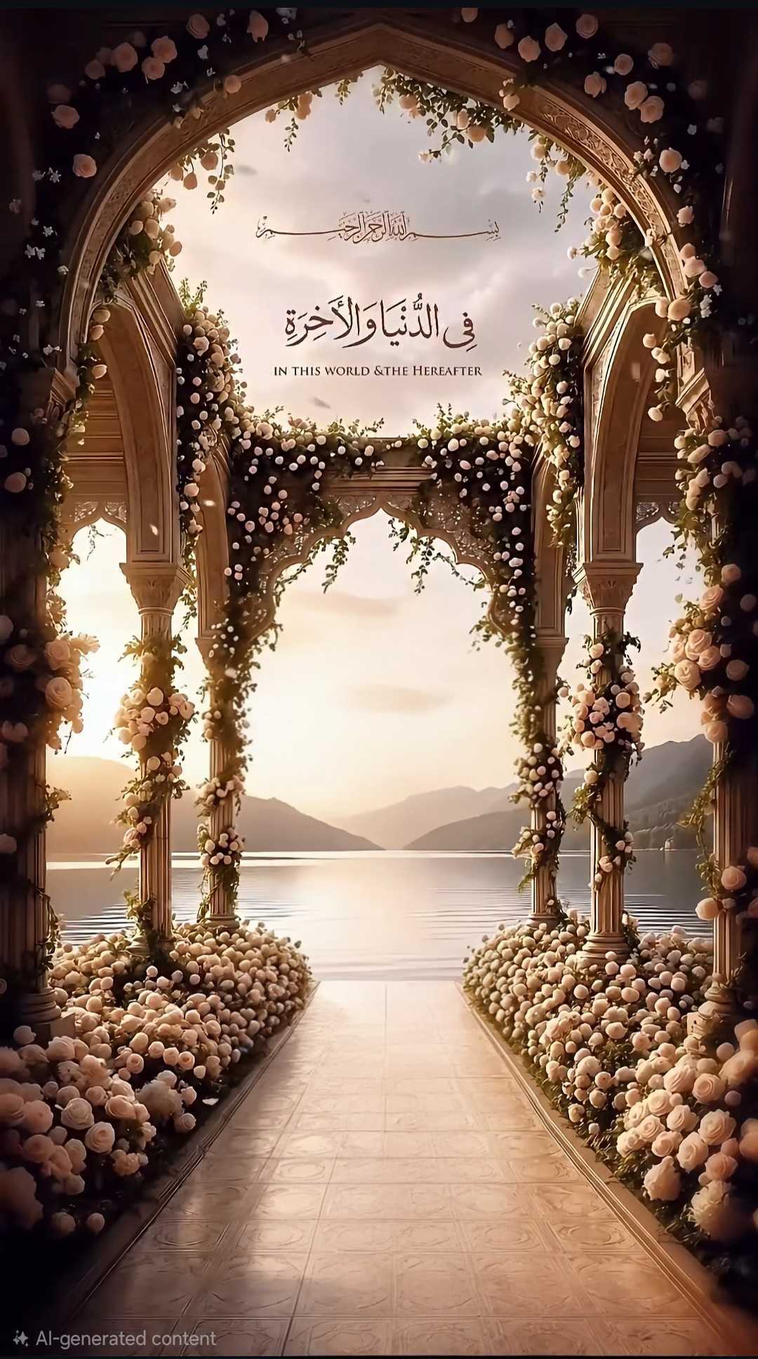 Stone rose-draped archway overlooking a sunset lake